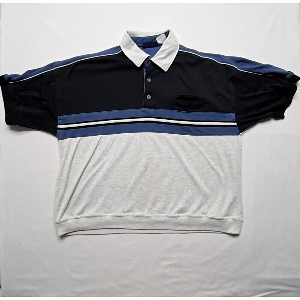 Vintage Puritan Polo Shirt Colorblock Striped Blue Black Gray Mens L Shirt 90s